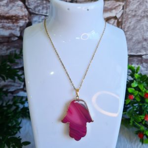 Chapa Ágata Rosa - Mão de Hamsá - Pingente