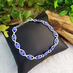 Olho Grego Azul Escuro c/ Detalhe - Pulseira Prateada - Imagem 1