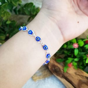 Olho Grego Azul Escuro c/ Detalhe - Pulseira Prateada - Imagem 3