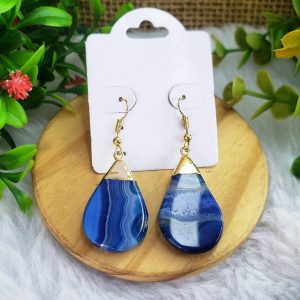 Agata Azul Tingida - Brinco Gota Dourado