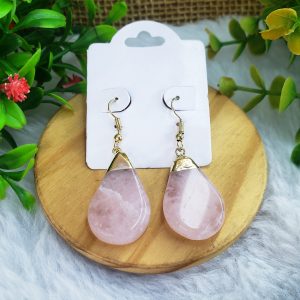 Quartzo Rosa - Brinco Gota Dourado
