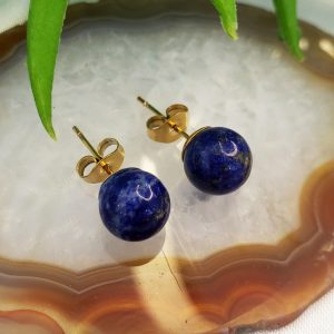 Lápis-Lazuli - Brinco Esfera Dourado
